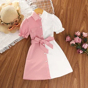 Children's Fashion Clothes Pink White Splicing Color Girl Dress Bow Belt Button Design 4 -7y Children's Girl Clothes for Kids