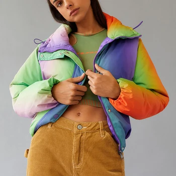 huilin factory wholesale thick women winter jacket custom rainbow color printed stand collar women bubble puffer jacket