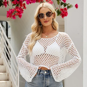 2023 New Fashion Spring Summer Ladies Crew Neck Flare Sleeves Hollow Out Loose Cool Sexy Knit Crop Top Women Summer Sweater