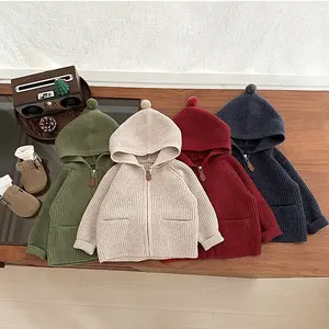 Customized Spring Autumn Children Unisex Hooded Solid Color Knitted Cardigan Baby Sweaters Clothes for Kids