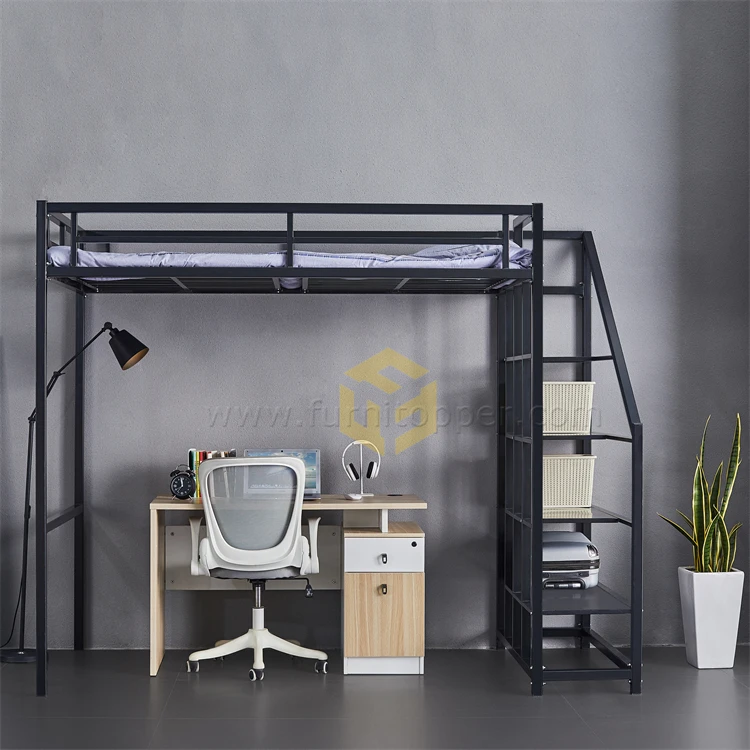 Bedroom Dorm Furniture Black Metal Loft Bed Frame With Stairway Shelf Full Size Steel Bunk Bed for Adult and Kids