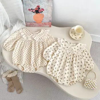 INS Spring Baby Romper Floral Dot Cotton Jumpsuit for Girls with Hidden Button Closure Sweet Lace Collar Long Sleeve Bodysuit