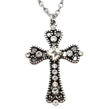 Antique Silver Religious Prayer Cross Cut Out Crystal Initial Chain Necklace Religious Costume Jewelry for Women