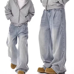 Washed Blue Jeans for Men with Vintage Pleated Design Sense Trendy Loose Straight-leg Casual Pants for Couples