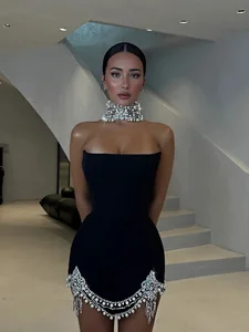 Bettergirl Fashion French Sexy Pearl Rhinestone Black Short Evening Dress Charming Banquet Bandage Women Dress