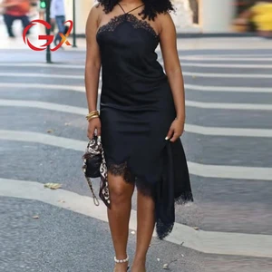 GX9201 Fashion Women Clothing Boutique Sleeveless Sexy Halter Lace Patchwork Satin Dress Irregular Backless Elegant Long Dresses