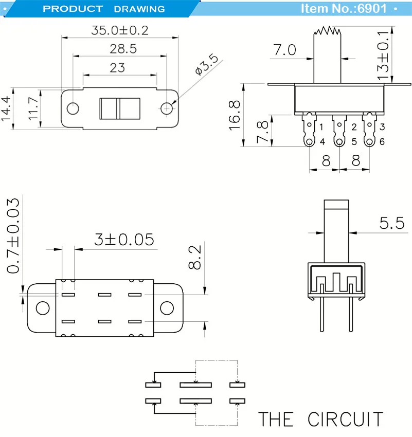 Towei Slide Switch Supplier 6A~120V 3A~250V T105 6 Pin 3 Position Spring Slide Switch for Microphone