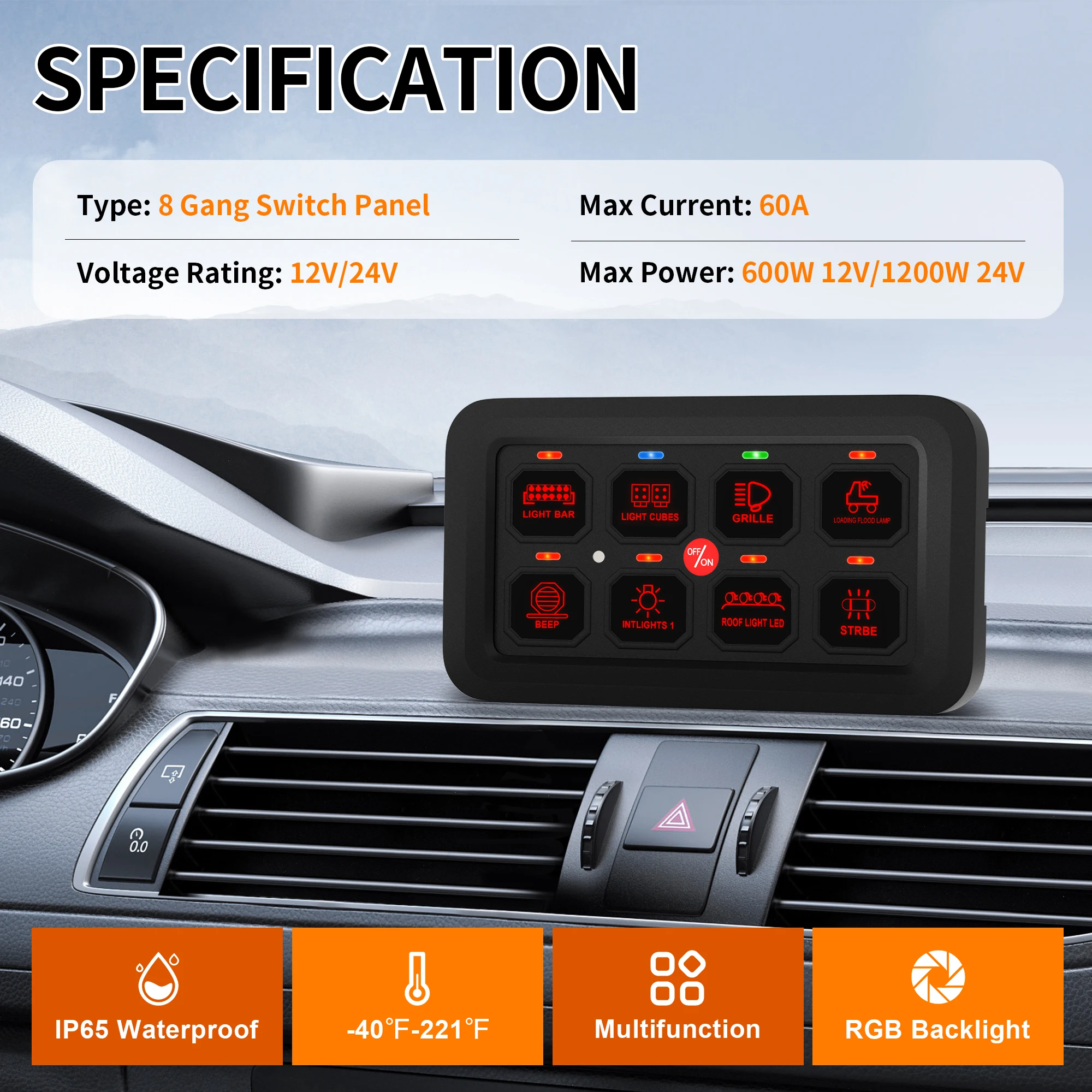 8 Gang Switch Panel Automatic Dimmable Switch RGB Back Light Panel Strobe Momentary Universal Circuit Control Relay System Box