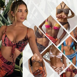 JSN7099 Women Hot Leopard Bandage Swimsuit Bikini  Cover up Dress Swim Bathing Suit 3pcs Beach Wear Swimwear