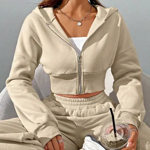 High Quality Custom Solid Color Blank Vintage  Cropped Fitted Zipper Hoodies and Loose Jogging Workout Tracksuit for Ladies