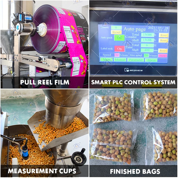 Automatic 100g 250g 500g 2.5kg Grain Seeds Granule Popcorn Rice Almond Puff Corn Dry Nuts Sachet Filling Sealing Packing Machine