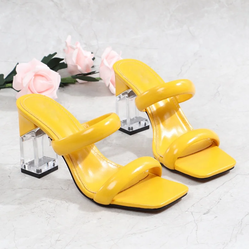 yellow chunky heel sandals