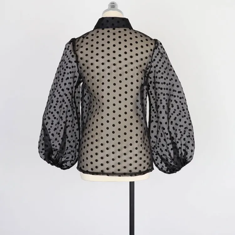 时尚女装夏季网眼衫透视圆点长袖休闲衬衫上衣黑色蕾丝极度宽松罩衫