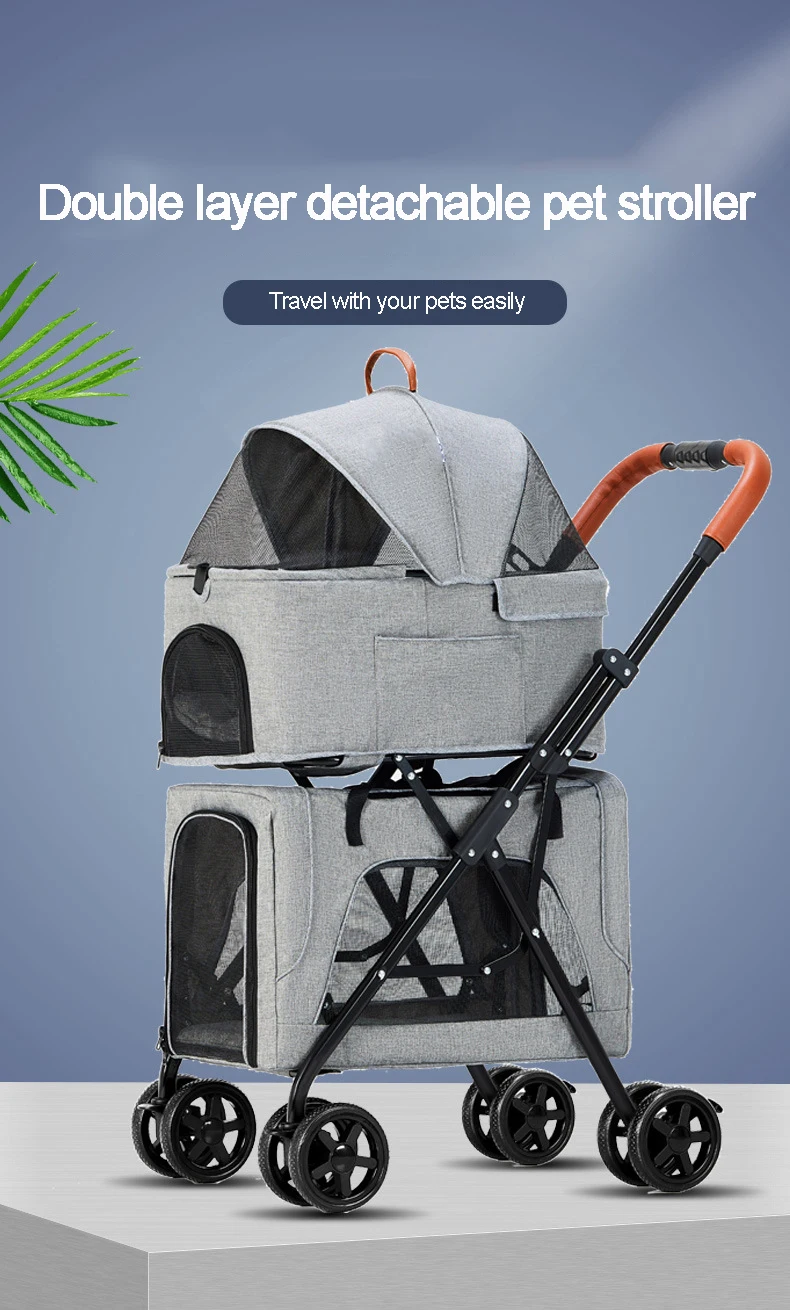 Double-layer Pet Stroller Pets Trolley Carrier Portable Foldable Four Wheeled Detachable Handbag For Dogs Cats