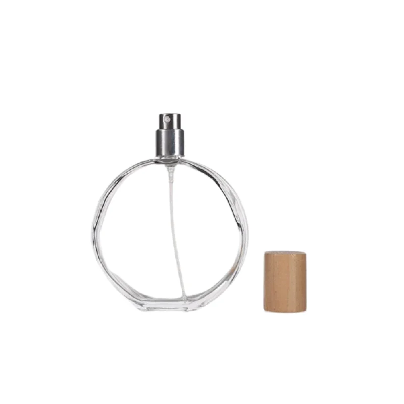 Flat Round 100ml Glass Perfume Bottle Clear Perfume Oil Bottles Bamboo Wood Lid Cosmetic Empty Perfume Bottle with Bayonet Cap