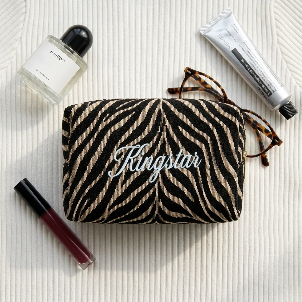 Sac à maquillage personnalisé en gros avec logo, motif zèbre, noir et brun, en tissu tissé, pochette cosmétique de luxe pour femmes, idéale pour les voyages