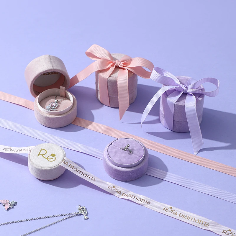 A1 High End Cylinder Velvet Jewelry Box Accessories Storage Ring Pendant Organizer Custom Size Ribbon Gift Box Design