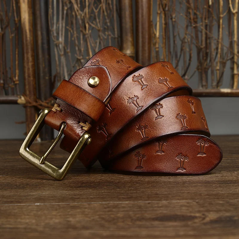 Vintage Korean Version Machine Pressed Pattern Italian Plant Tanned Male Leather Pure Cowhide Copper Buckle Belt Wholesale