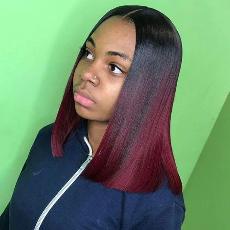 Blaues Ombré Bob Echthaarperücke Mit Lace Closure Für Damen_voghion.com