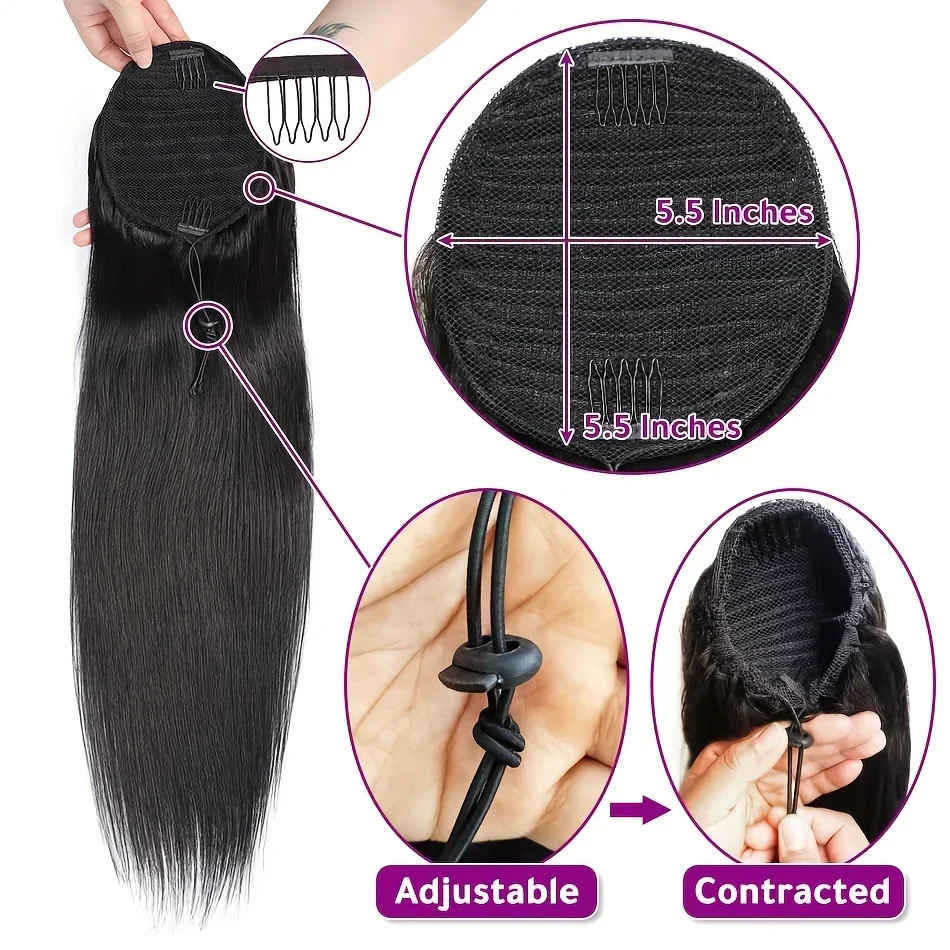 Pferdeschwanz-Extensions aus Echthaar mit Clip, 16–26 Zoll, natürliche Farbe, glatt, mit Kordelzug für Frauen_voghion.com
