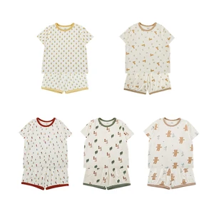 YOEHYAUL X4570 2 Piece Child Homewear Shorts Short Sleeve Pajama Set for Kids Summer Loungewear Little Toddler Girls Sleepwear