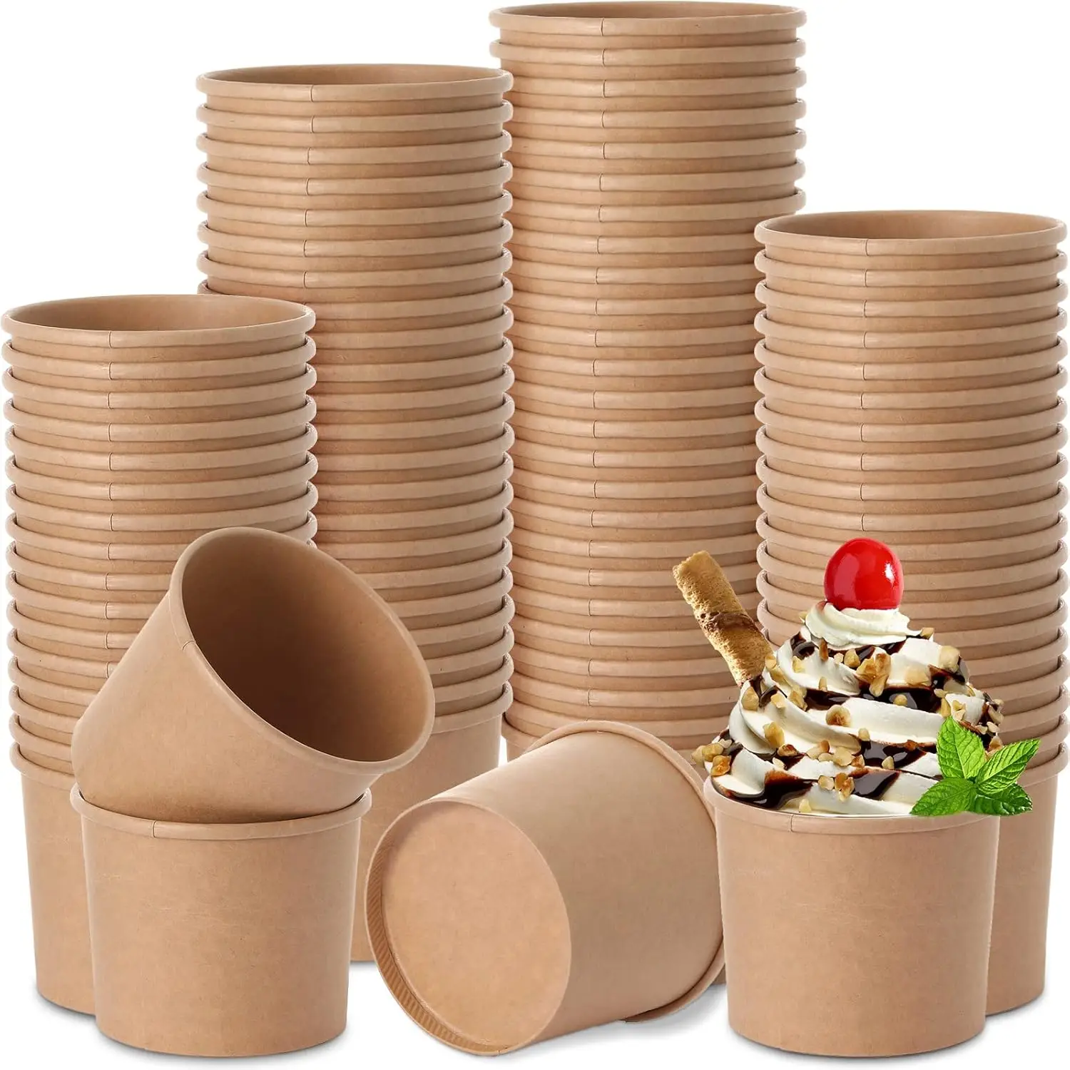 Ice Cream Bowls 2oz 4oz 8oz Kraft Paper Disposable Takeaway Bowl With Lid Custom Printed Packaging Food Container Eco-Friendly
