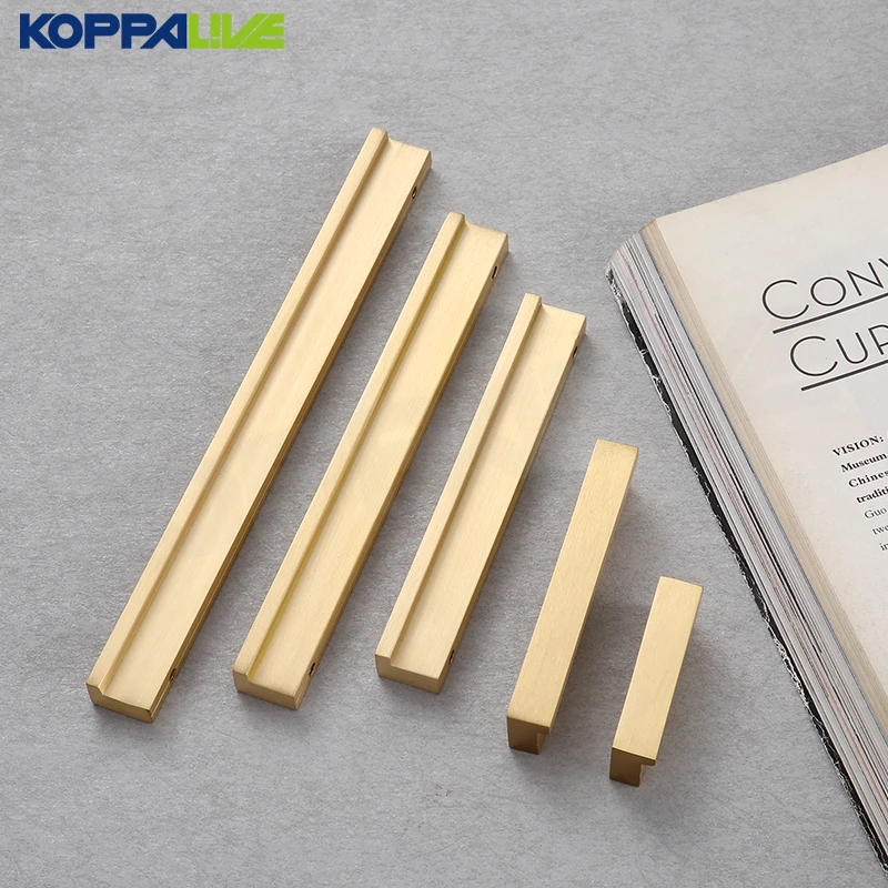 Koppalive Brushed Solid Brass Kitchen Cabinet Door Handles Cupboard Knobs L Shape Drawer Finger Pulls Wardrobe Closet Handle