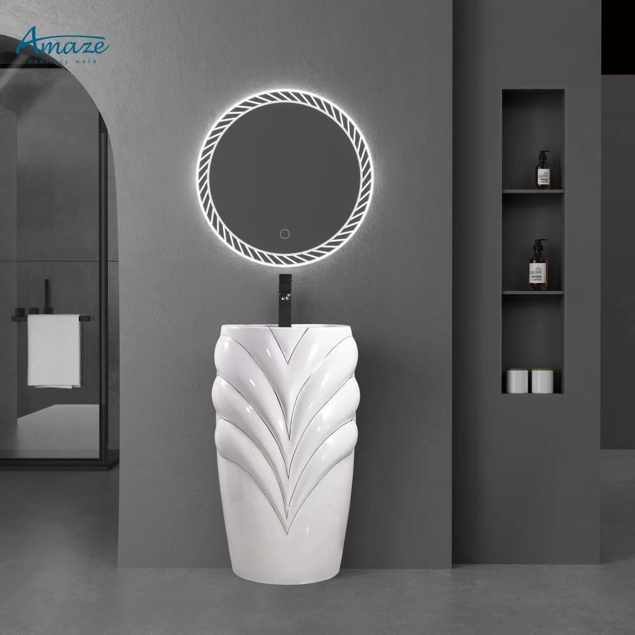 Modern luxury pedestal basin electroplate Gold white ceramic bathroom wash basin one-piece floor mounted pedestal sink manufacture