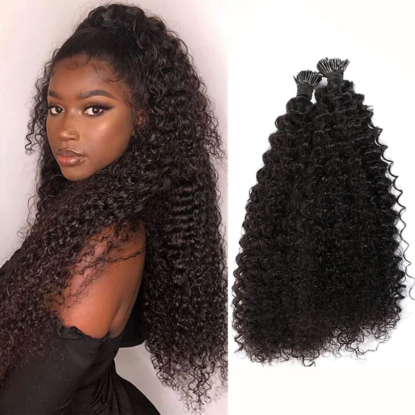 Kinky Curly I Tip Microlinks Human Hair Extensions Braziliaanse Virgin Hair Weave Bundels_voghion.com