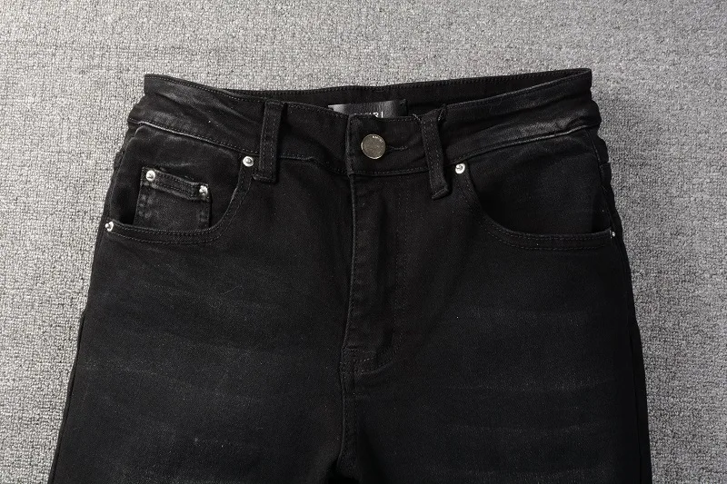 Hip Hop Vintage Straight Men's Jeans Skinny Streetwear Black Micro-Elastic Cotton Letters Print Tight-Fitting Style