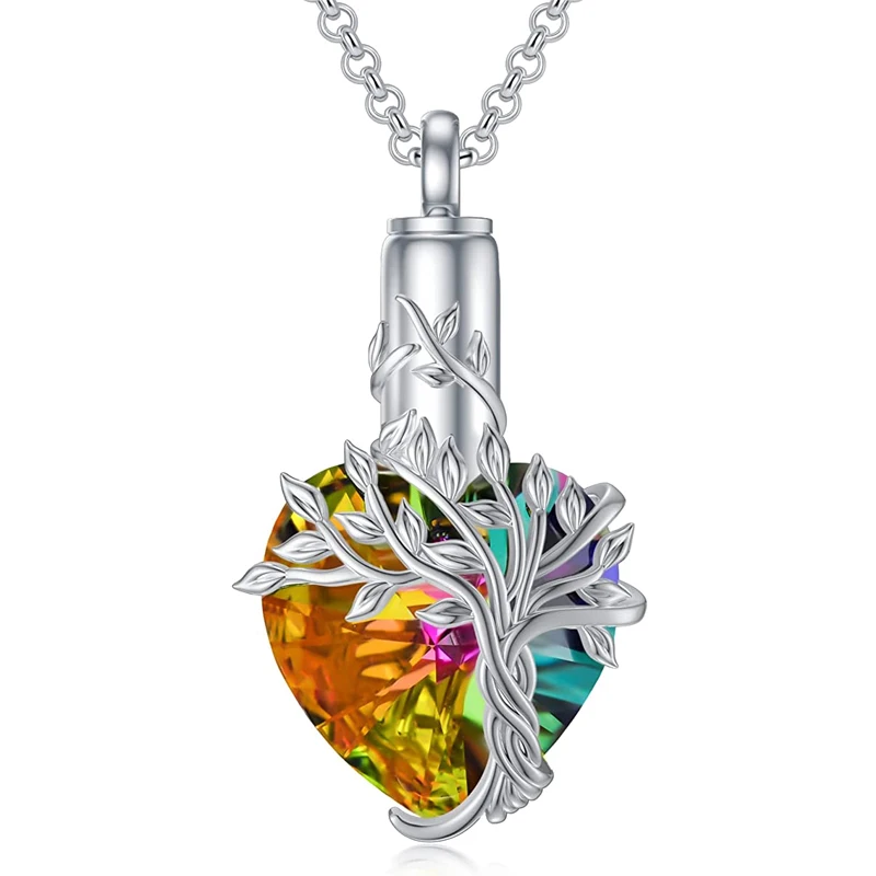 Ydmwannx Collana con urna a forma di albero della vita per ceneri a forma di cuore, gioiello per cremazione per donne e uomini, in acciaio inossidabile, medaglioni commemorativi per ceneri, Acciaio