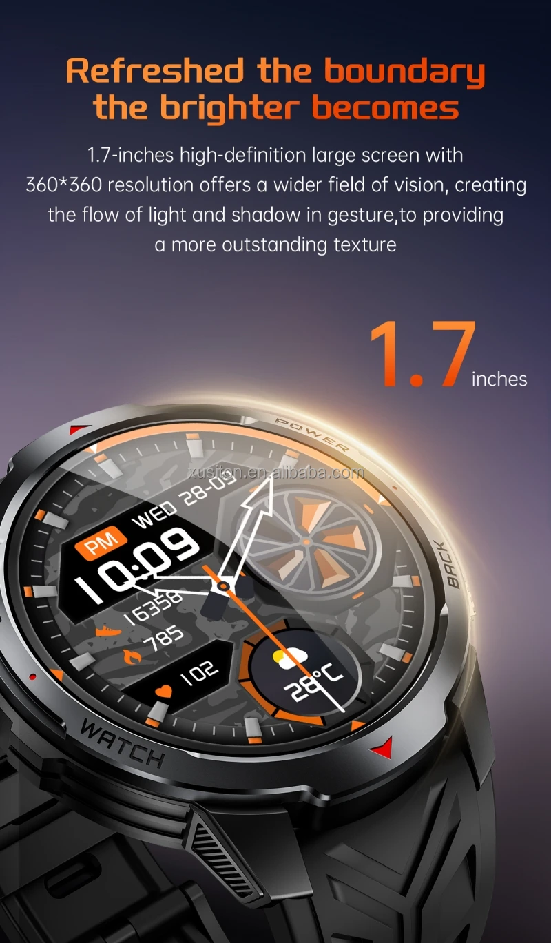 KT88 2025 Compass Outdoor Smart Watch 1.7 IPS Large 1100mAh DaFit IP68 3ATM Android Music Control Flashlight Sport Watch for Men