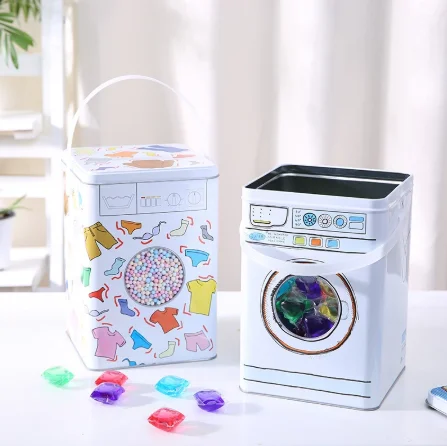 Custom Washing Machine Shape Laundry Powder Laundry Detergent Storage Tin Box with Plastic Handle and Body Window