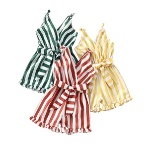 2022 Hot Selling Summer Fashion Toddler Girls Jumpsuits Clothing Striped Printed Strap Sleeveless V Neck Shorts Baby Clothes