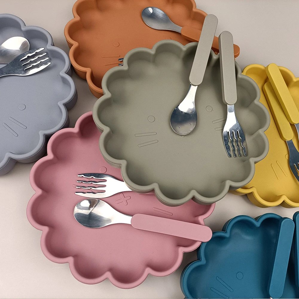 Baby Silicone Plate With Cutlery Set Feeding Tableware Bowl Silica Gel Dishes Kids Training Eat