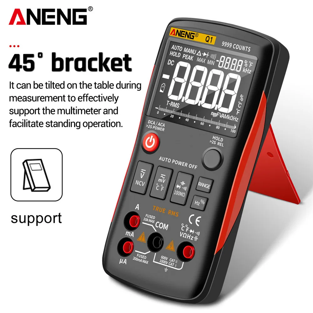 ANENG Q1 Bouton Multimètre Numérique True-RMS 9999 Compte avec Graphique à  Barres Analogique Ampèremètre CA/CC Courant Ohm Auto/Manuel