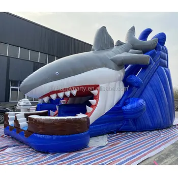 Outdoor Commercial Great White Shark Theme inflatable bounce house water slide combo with pool for kids