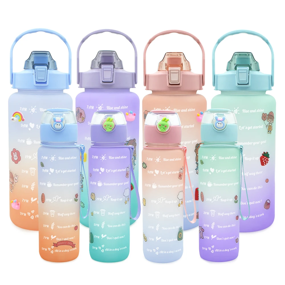 2 Pc Water Bottle Set Time Marker Plastic Drink Gym Gradient Motivation ...