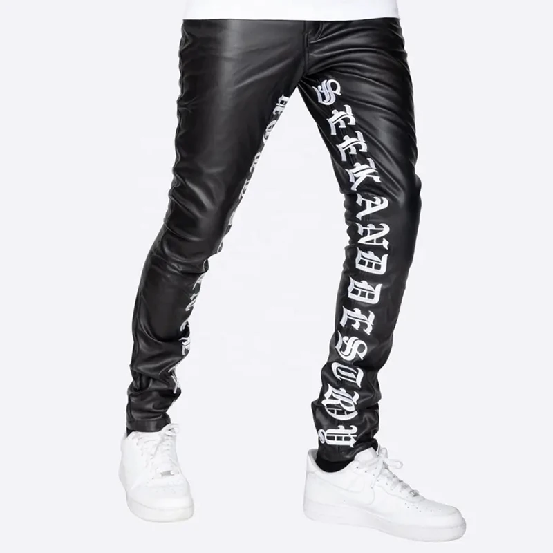 Custom Summer Men Print Cargo Flared Leather Pants Skinny Fit