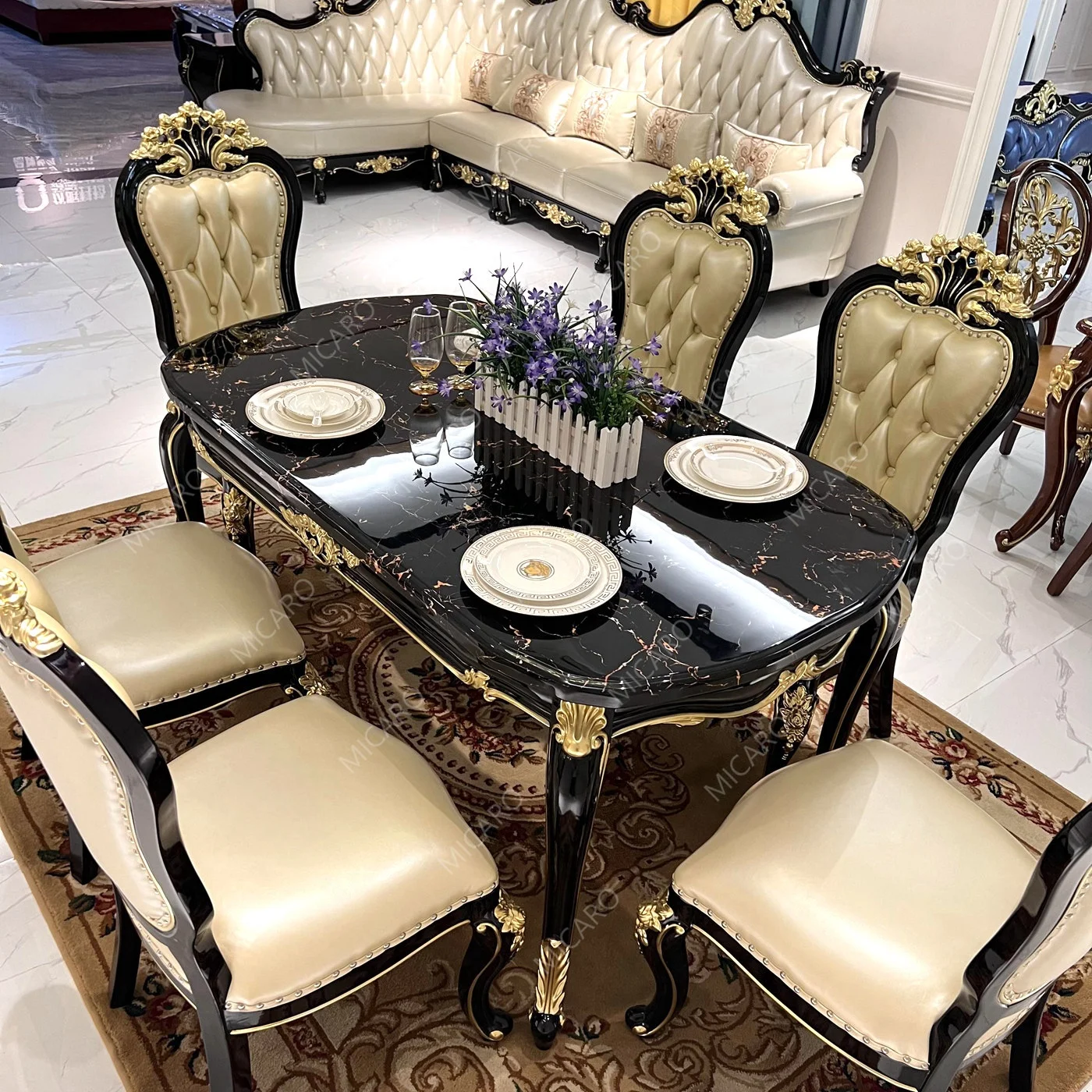 French Model Latest Design of Ebony Black Color Marble Top Wooden Antique Dining Table with 6 Chairs