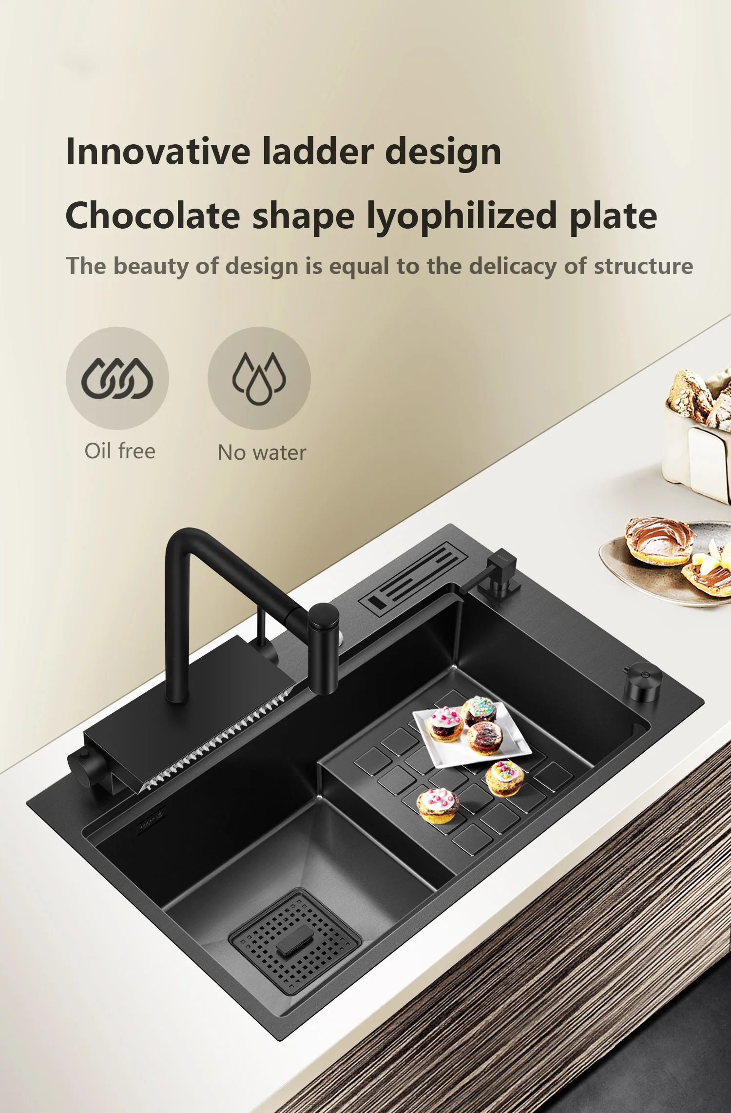 Nano Black Step Kitchen Sink Sus 304 Stainless Steel Handmade Above
