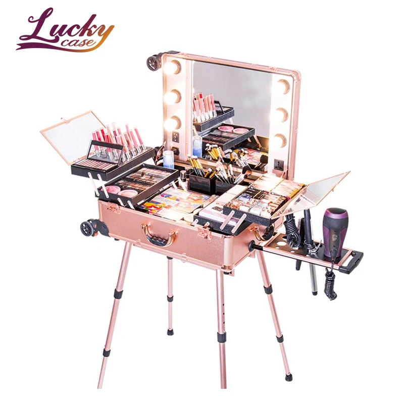 Cosmetic Case Box LED Mirror Lighted Makeup Travel Suitcase Artist Portable Dressing Table with Legs Rolling Luggage