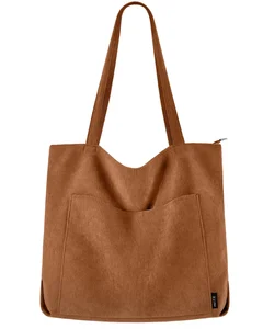 Factory Wholesale Eco-friendly Tote Bag with Pockets and Zipper Reusable Corduroy Shoulder Bag for Female Shopping Pouch Bag
