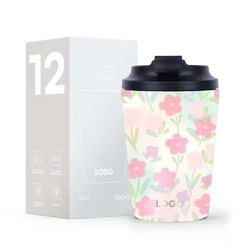 Custom 12oz Coffee Mug With Lid Pink Flower Painting Insulated Coffee Cups BPA Free Stainless Steel Water Bottle For Work