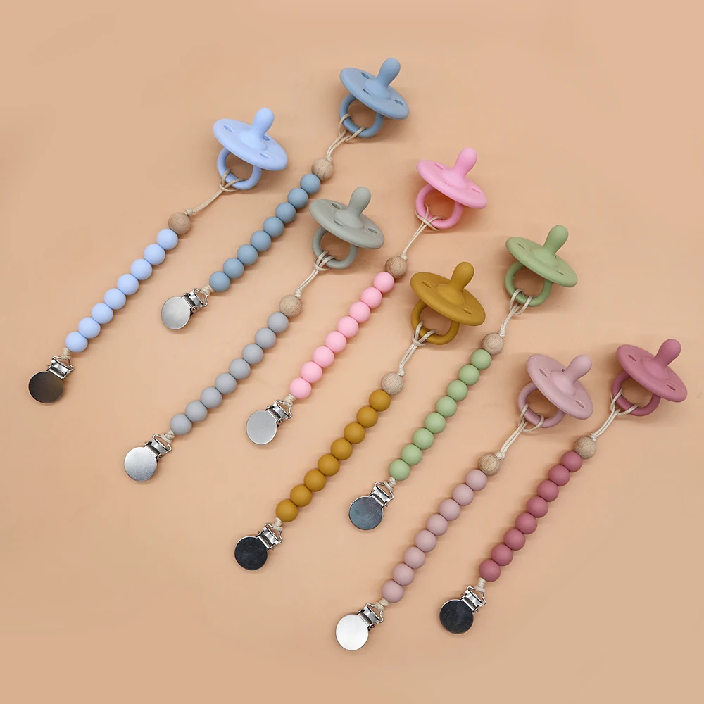 Wholesale Chewable Beaded Holder Wooden Dummy Baby Silicone Soother Chain Pacifier Clip