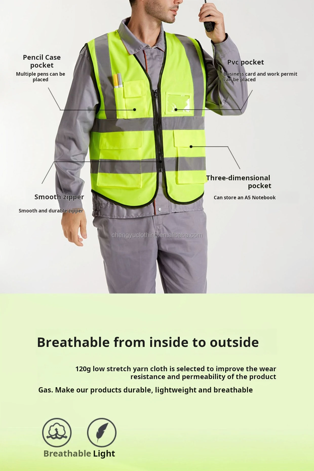 Hi Vis Custom Breathable Multi-pocket Safty Jackets Safety Vest with Reflective Strip for Constructi