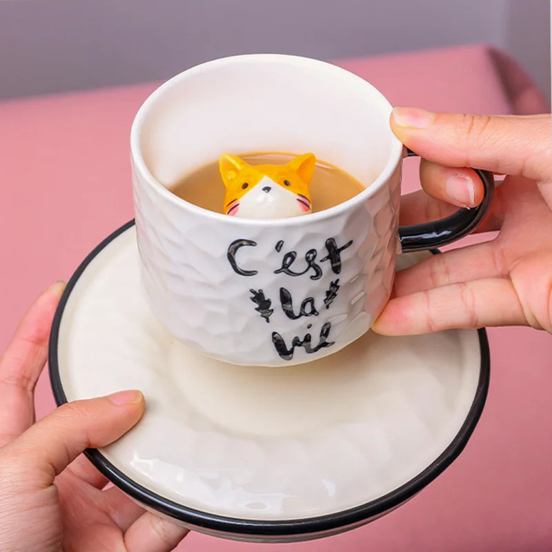Raguso Tazza In Ceramica Con Gatto | 420ml Con Coperchio In Legno E Cucchiaio | Resistente Al Calore | Idea Regalo (Viola)