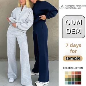 ODM OEM Custom Heavyweight Soft Cotton Fleece Tracksuit Set for Women Half Zip Sweatshirts and Joggers Set with Embroidery