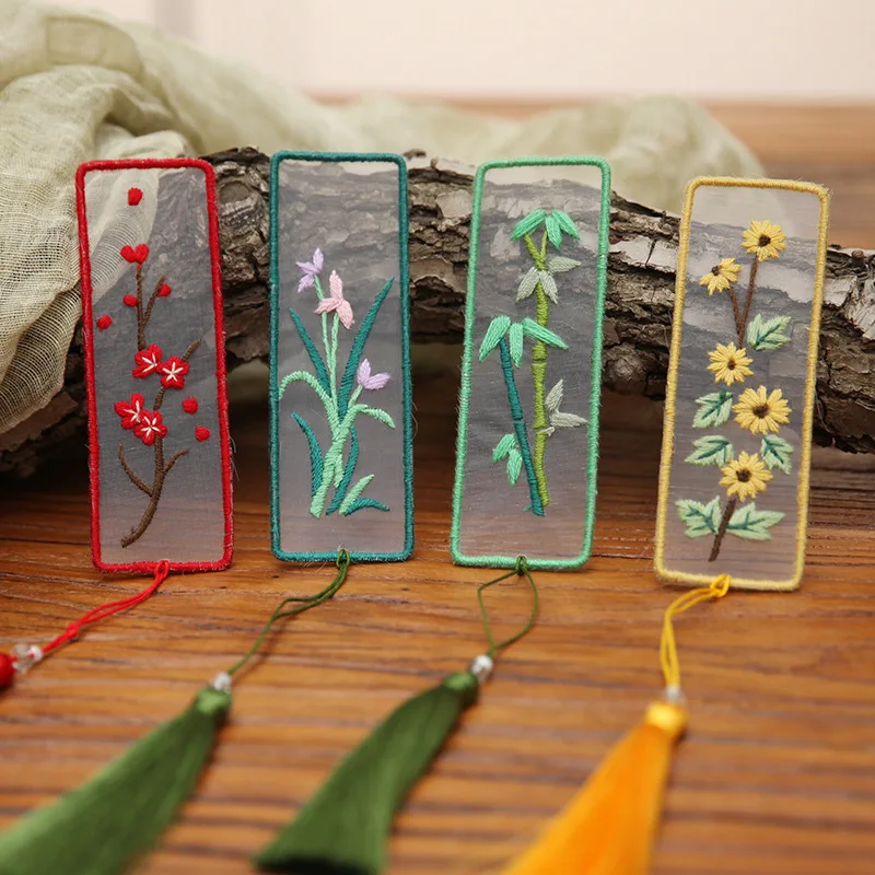Transparent Bookmark Embroidery Kit for Beginner Hand Modern Flowers Full