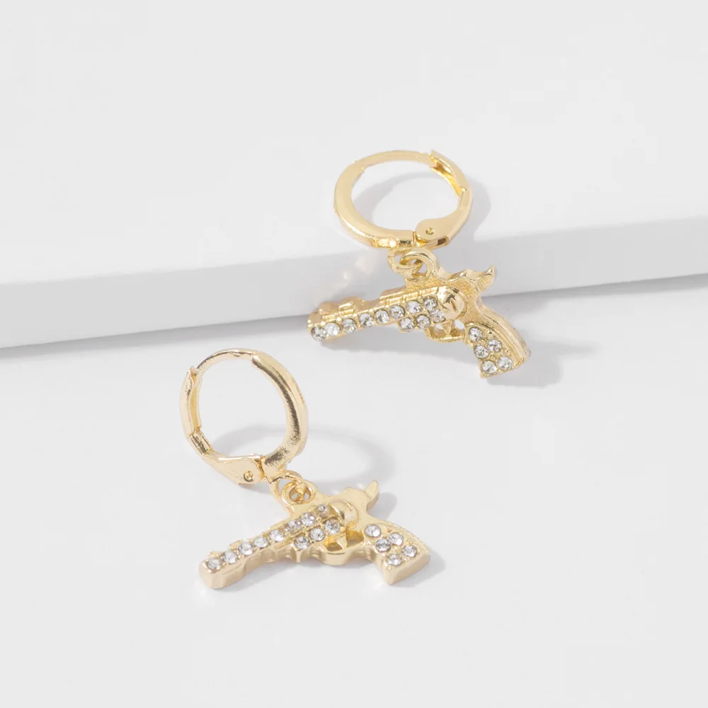 New Trendy Revolver Gun Shape Rhinestone Dangle Earrings for Women Girl Drop Earrings Cute Small Object Earring Fashion Jewelry